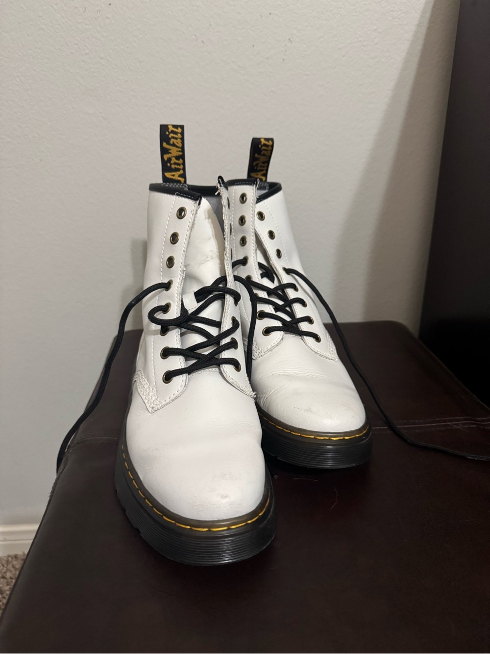 Dr. Martens White Leather 8-Eye Lace-Up Boots with Black Accents